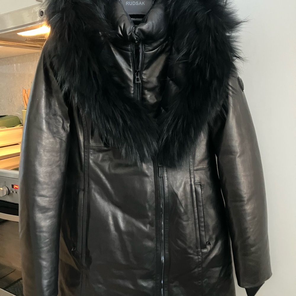 Rudsak Women's Black Leather Coat with Fur Trim